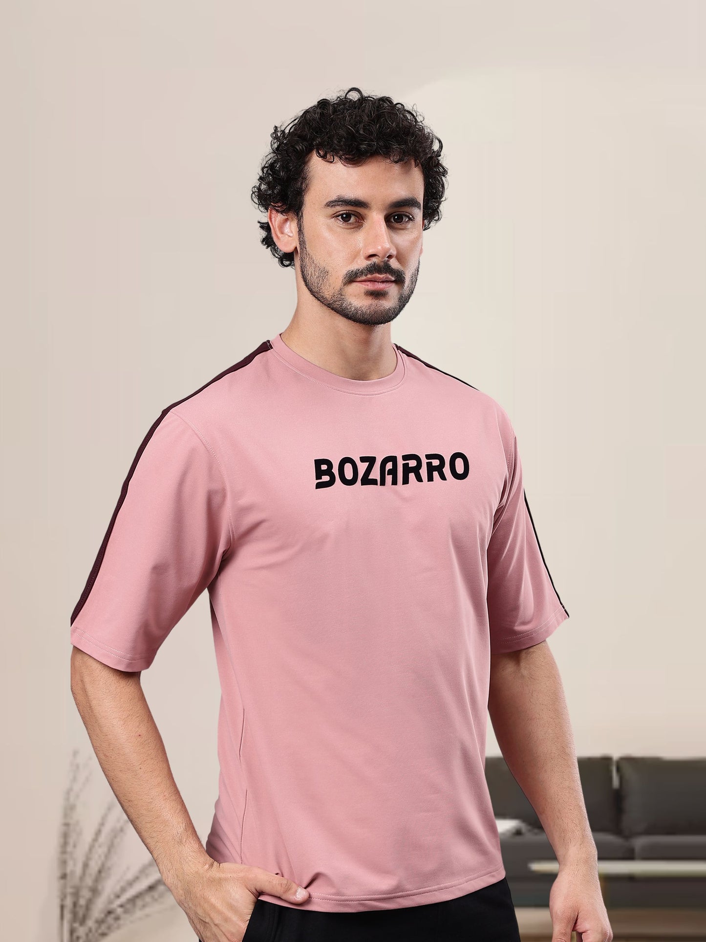Round Neck Oversized Fit Drop Shoulder Half Sleeves T-Shirt for Men | Men's Printed Oversized T shirt-Pink