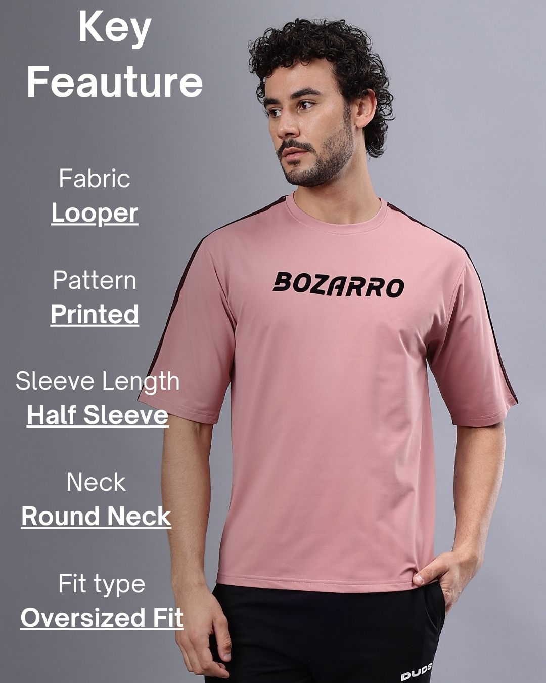 Round Neck Oversized Fit Drop Shoulder Half Sleeves T-Shirt for Men | Men's Printed Oversized T shirt-Pink