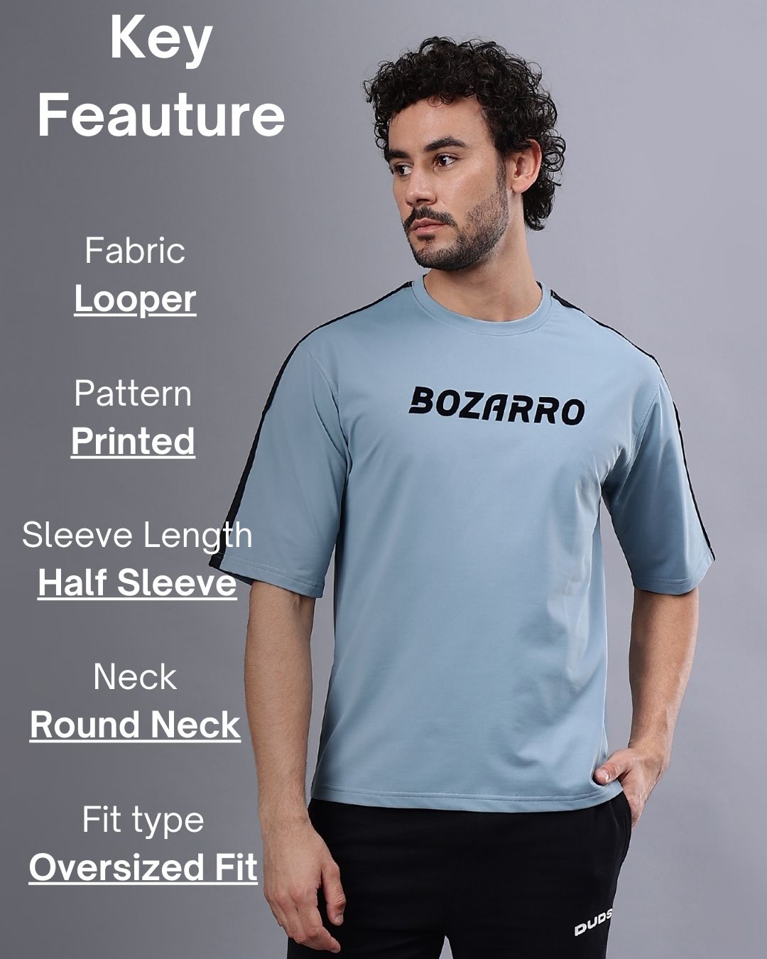 Round Neck Oversized Fit Drop Shoulder Half Sleeves T-Shirt for Men | Men's Printed Oversized T shirt-Sky Blue