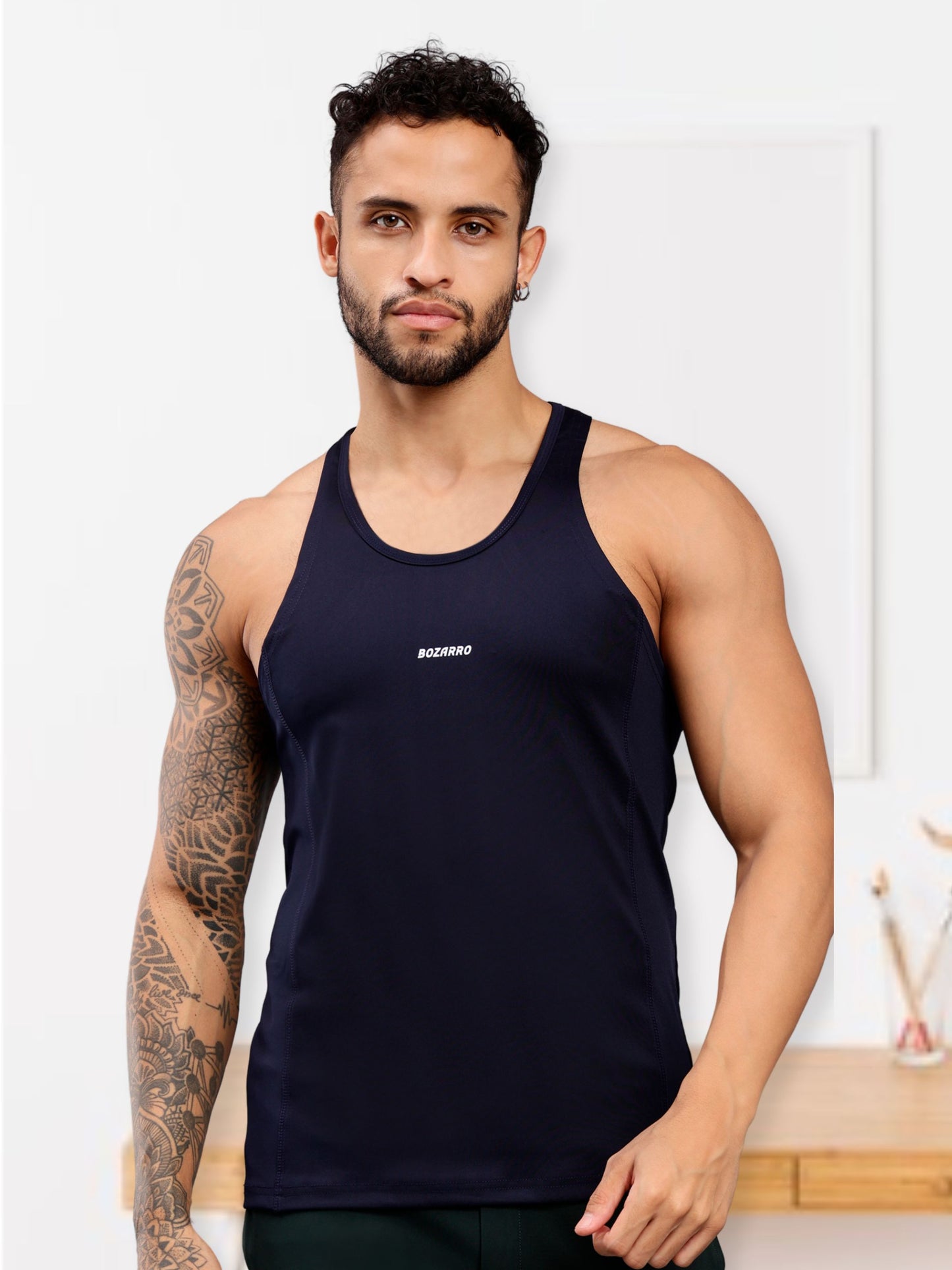 Men's Regular Fit Stringer | Men's Gym Tank Top Stringers | Solid Low Neck Tank Top For Men - Navy Blue