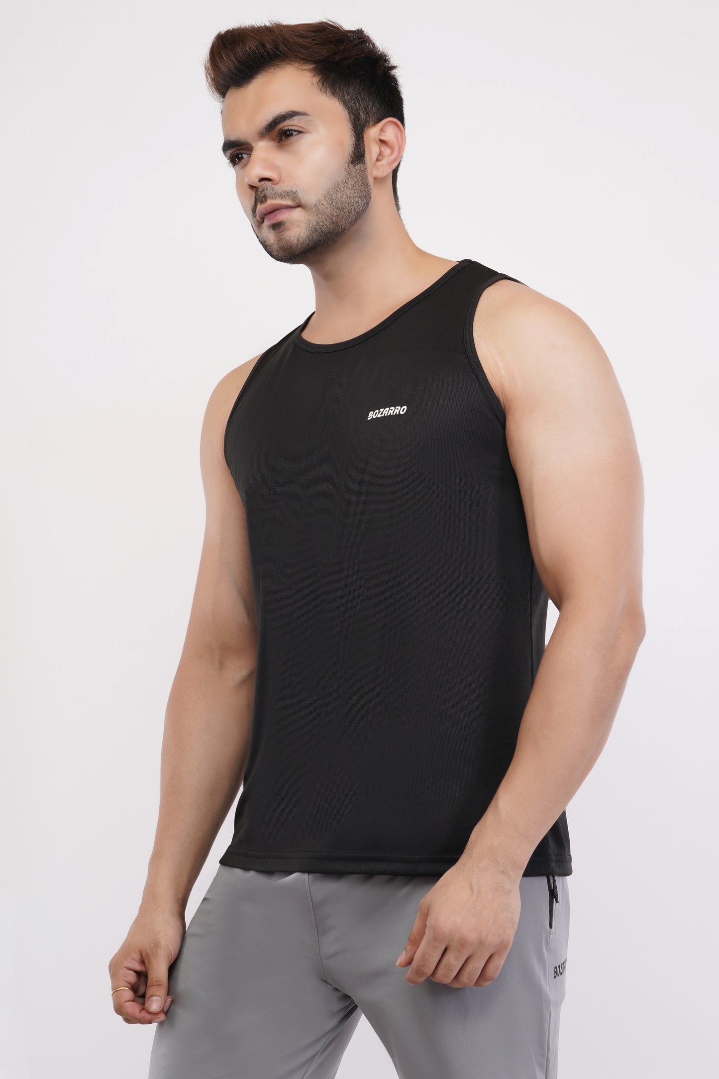 Men's Slim Fit Polyester Sleeveless Sando Top | Gym Tank Tops | Regular Fit Vest for Men - Black