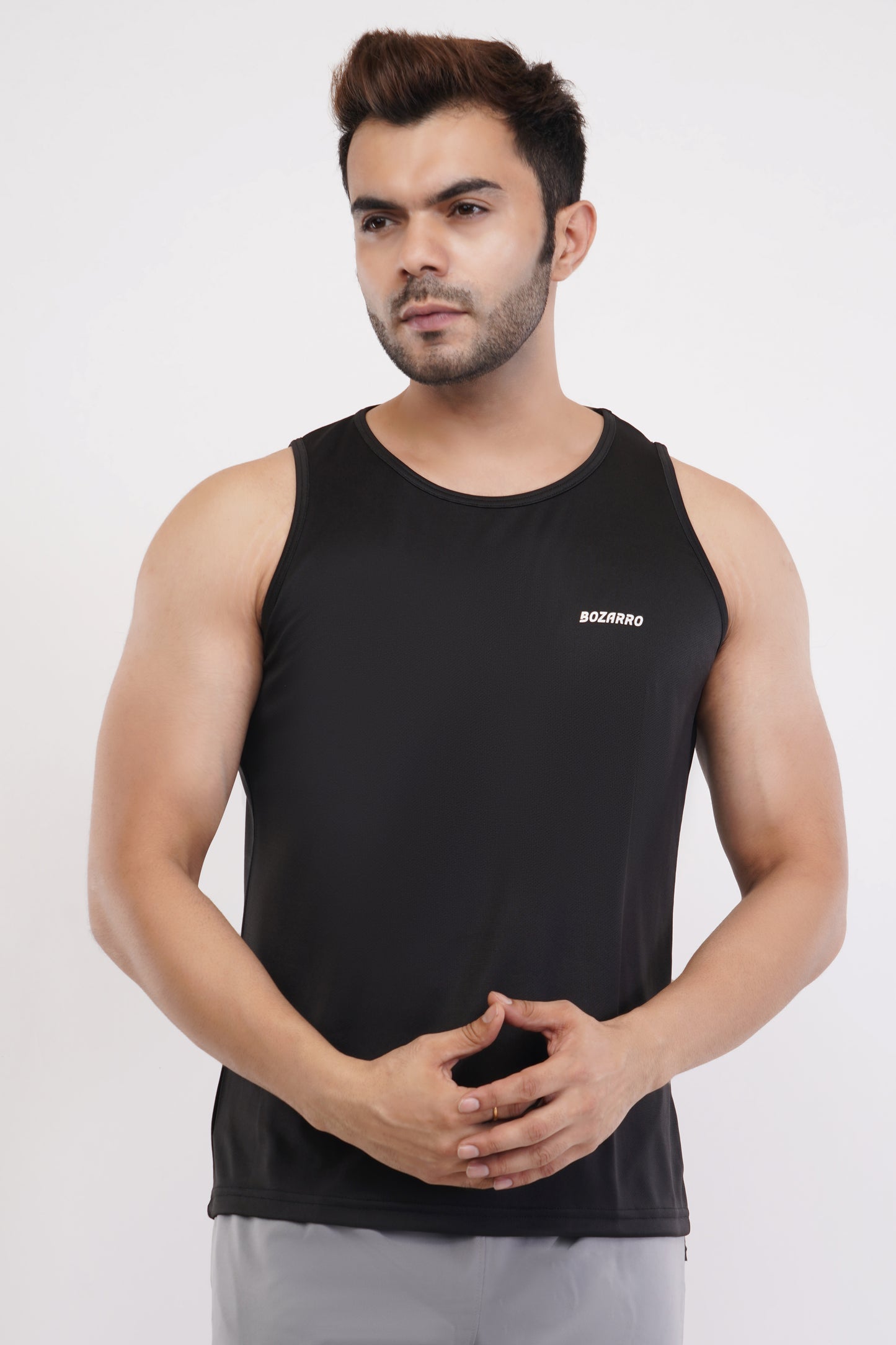 Men's Slim Fit Polyester Sleeveless Sando Top | Gym Tank Tops | Regular Fit Vest for Men - Black