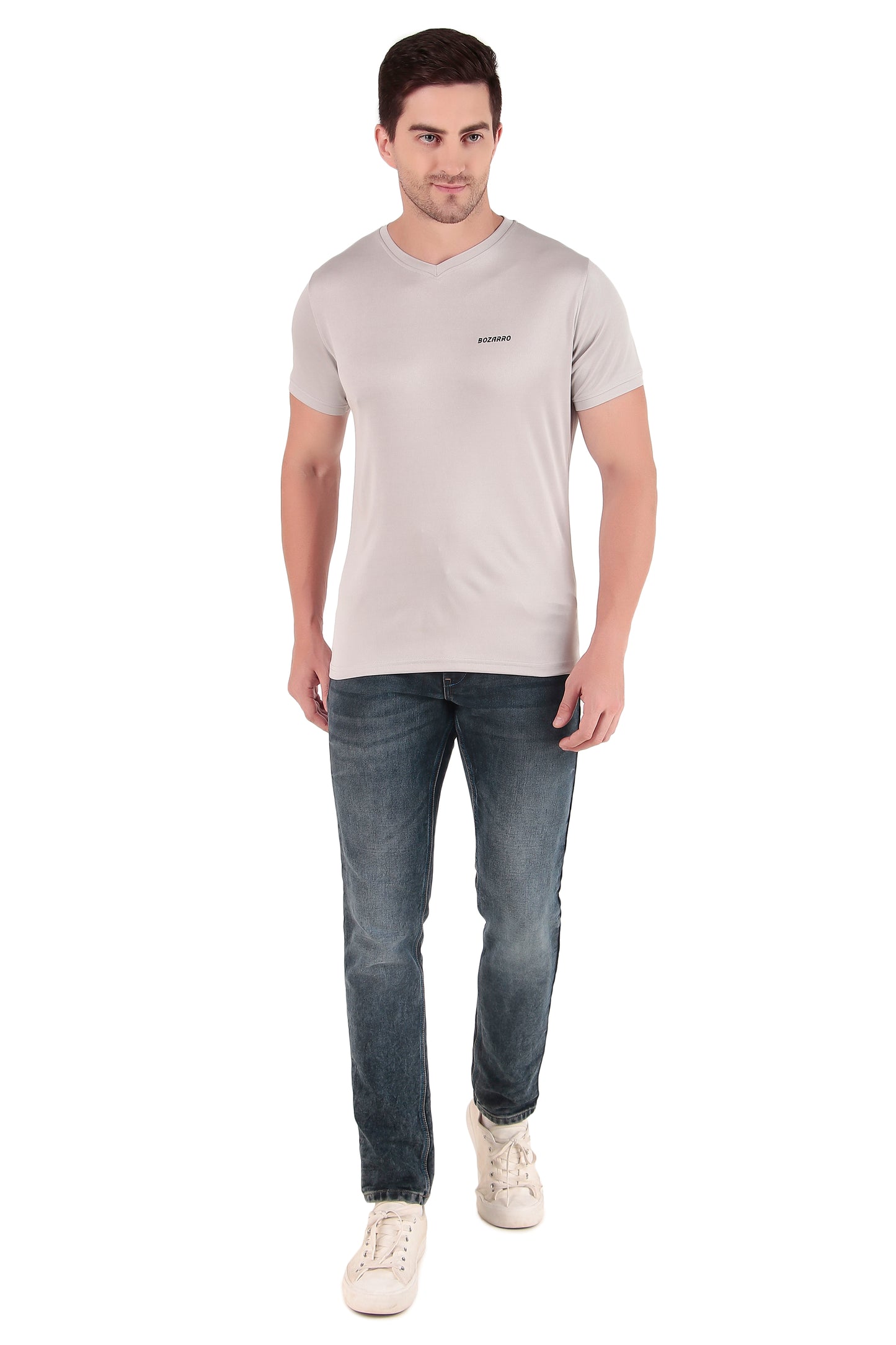 Men's Solid Regular Fit V Neck T-Shirt |Micro dot knit | Half Sleeved Casual T-shirt for Men(VN-01) -Light Gray