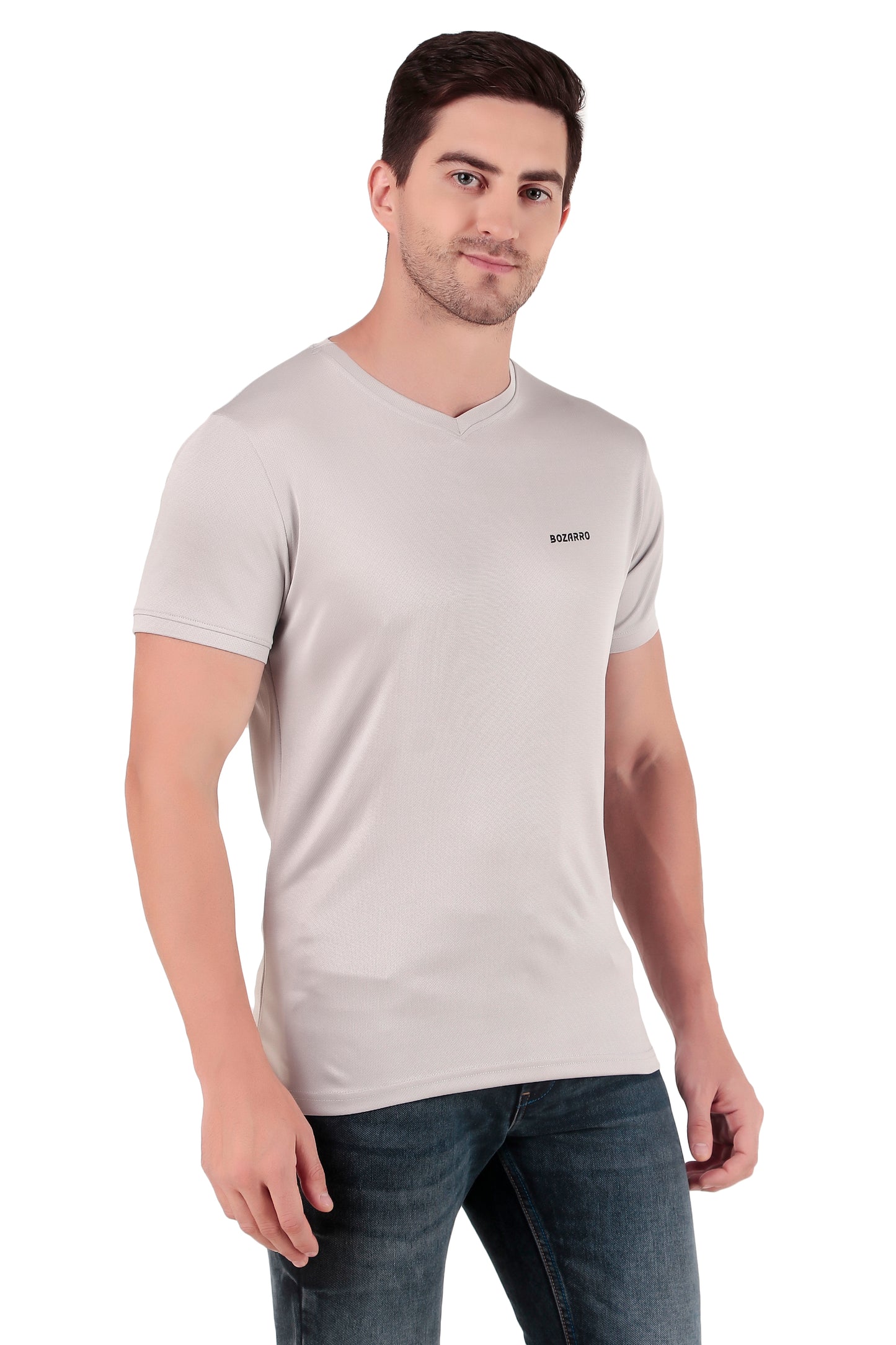 Men's Solid Regular Fit V Neck T-Shirt |Micro dot knit | Half Sleeved Casual T-shirt for Men(VN-01) -Light Gray
