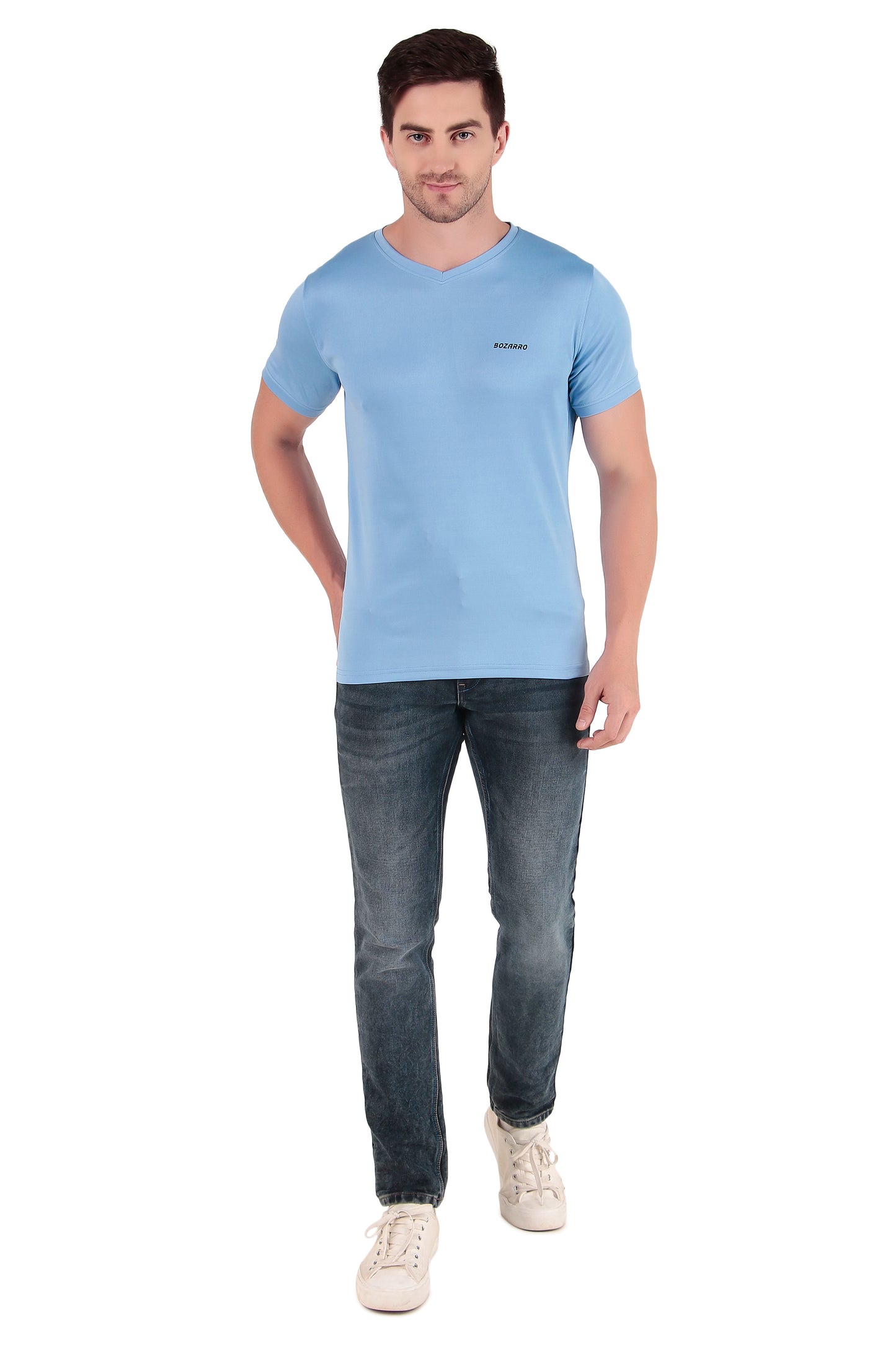 Men's Solid Regular Fit V Neck T-Shirt |Micro dot knit | Half Sleeved Casual T-shirt for Men(VN-01)- Sky Blue