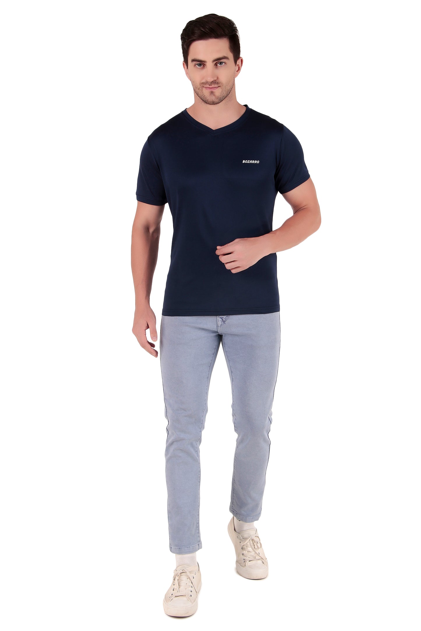 Men's Solid Regular Fit V Neck T-Shirt |Micro dot knit | Half Sleeved Casual T-shirt for Men(VN-01)- Navy Blue