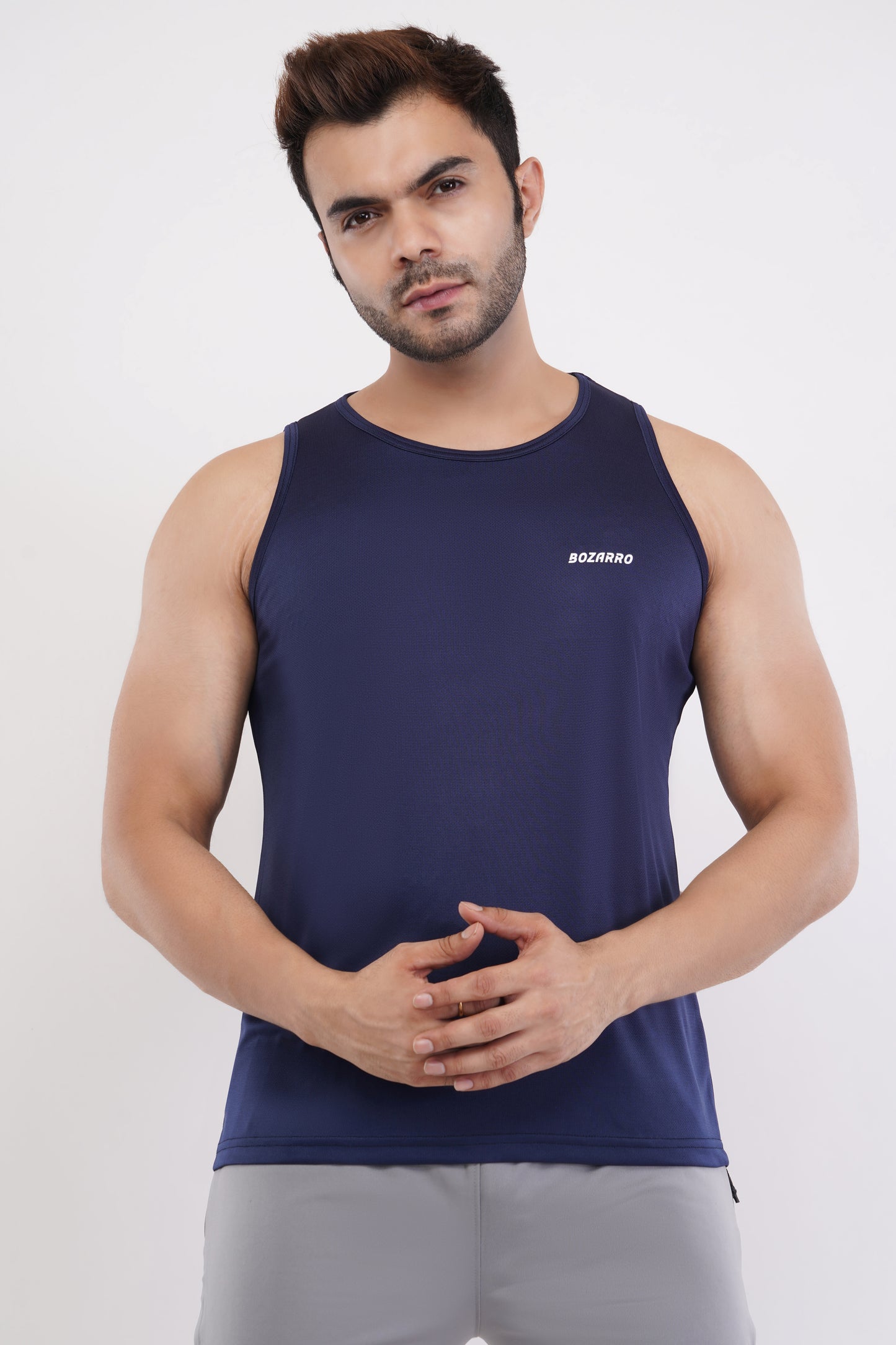 Men's Slim Fit Polyester Sleeveless Sando Top |Solid Gym Tank Tops | Regular Fit Vest for Men - Navy Blue