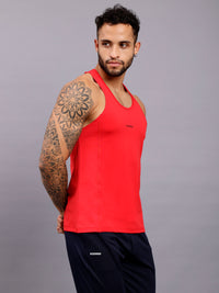 Super combed cotton blend solid low neck tank top with breathable mesh - red