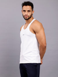 Super combed cotton blend solid low neck tank top with breathable mesh - White