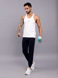 Super combed cotton blend solid low neck tank top with breathable mesh - White