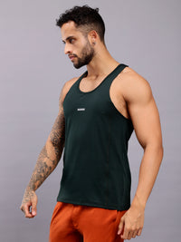 Super combed cotton blend solid low neck tank top with breathable mesh - Green