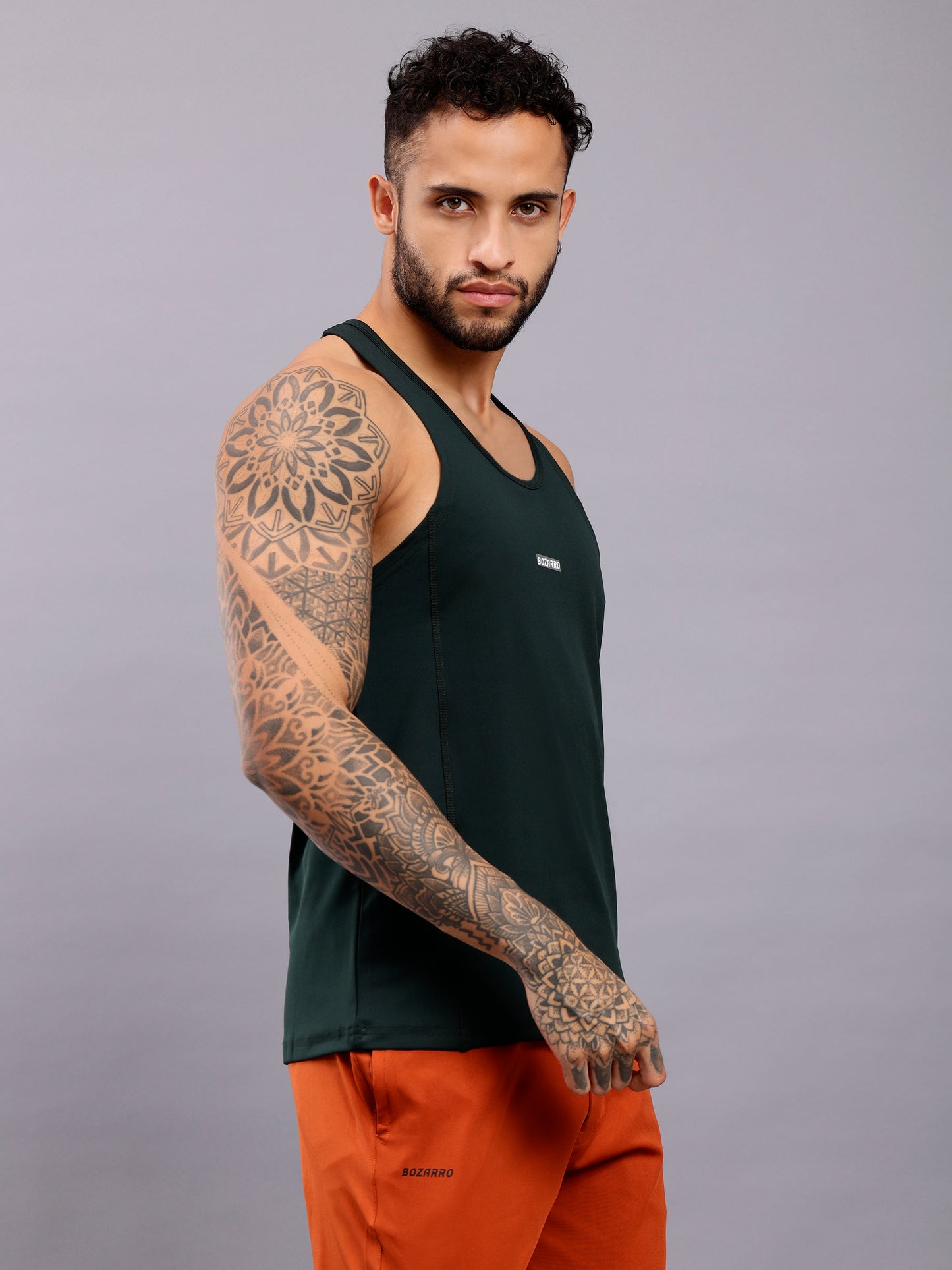 Super combed cotton blend solid low neck tank top with breathable mesh - Green