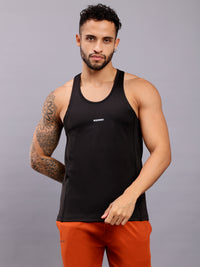 Super combed cotton blend solid low neck tank top with breathable mesh - Black