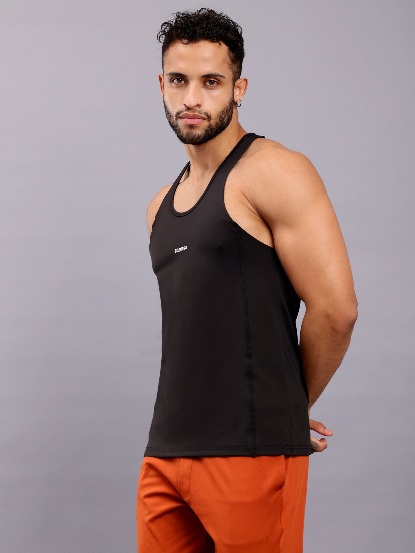 Super combed cotton blend solid low neck tank top with breathable mesh - Black