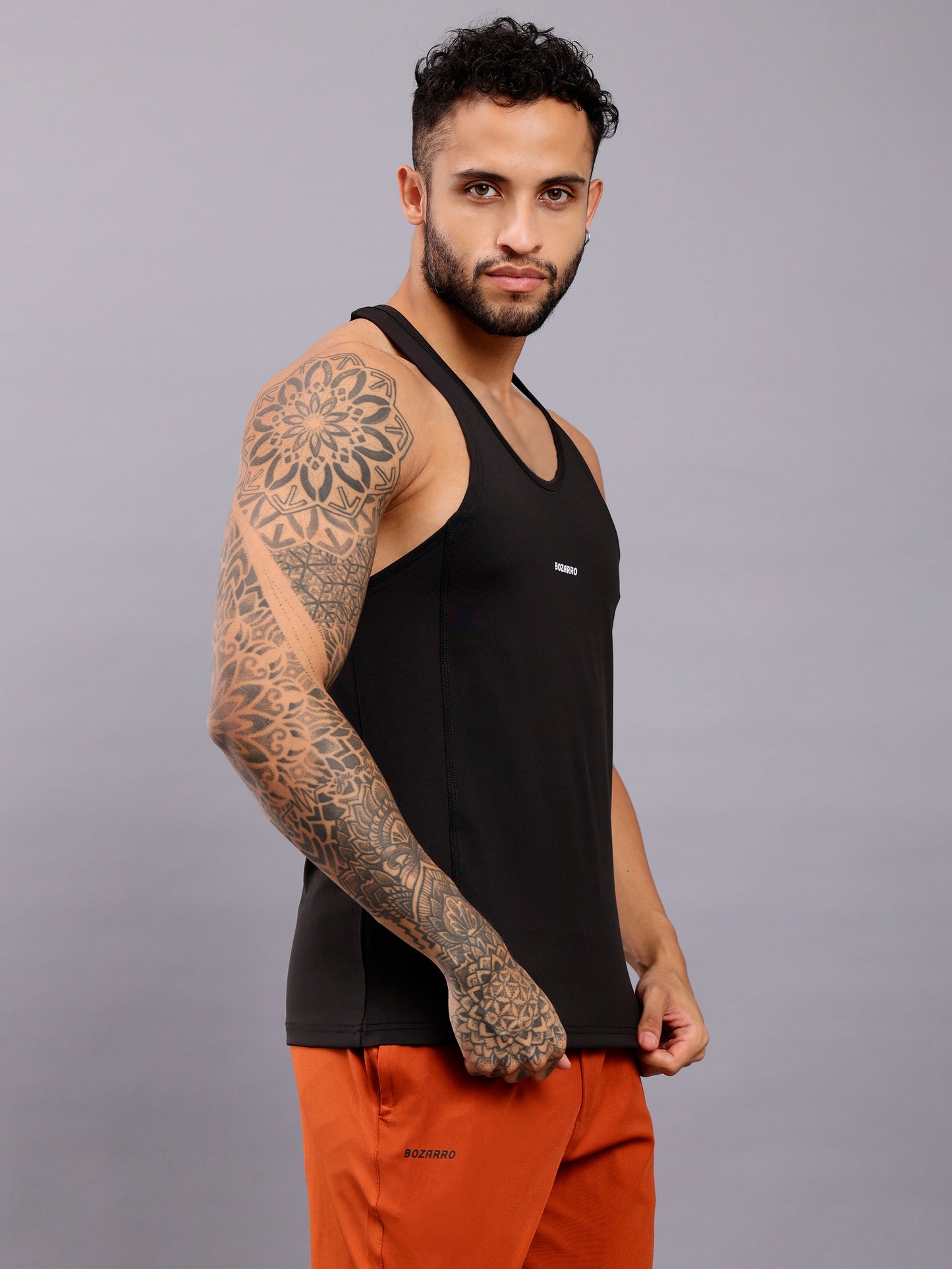 Men's Regular Fit Stringer | Men's Gym Tank Top Stringers |Solid Low Neck Tank Top For Men -Black