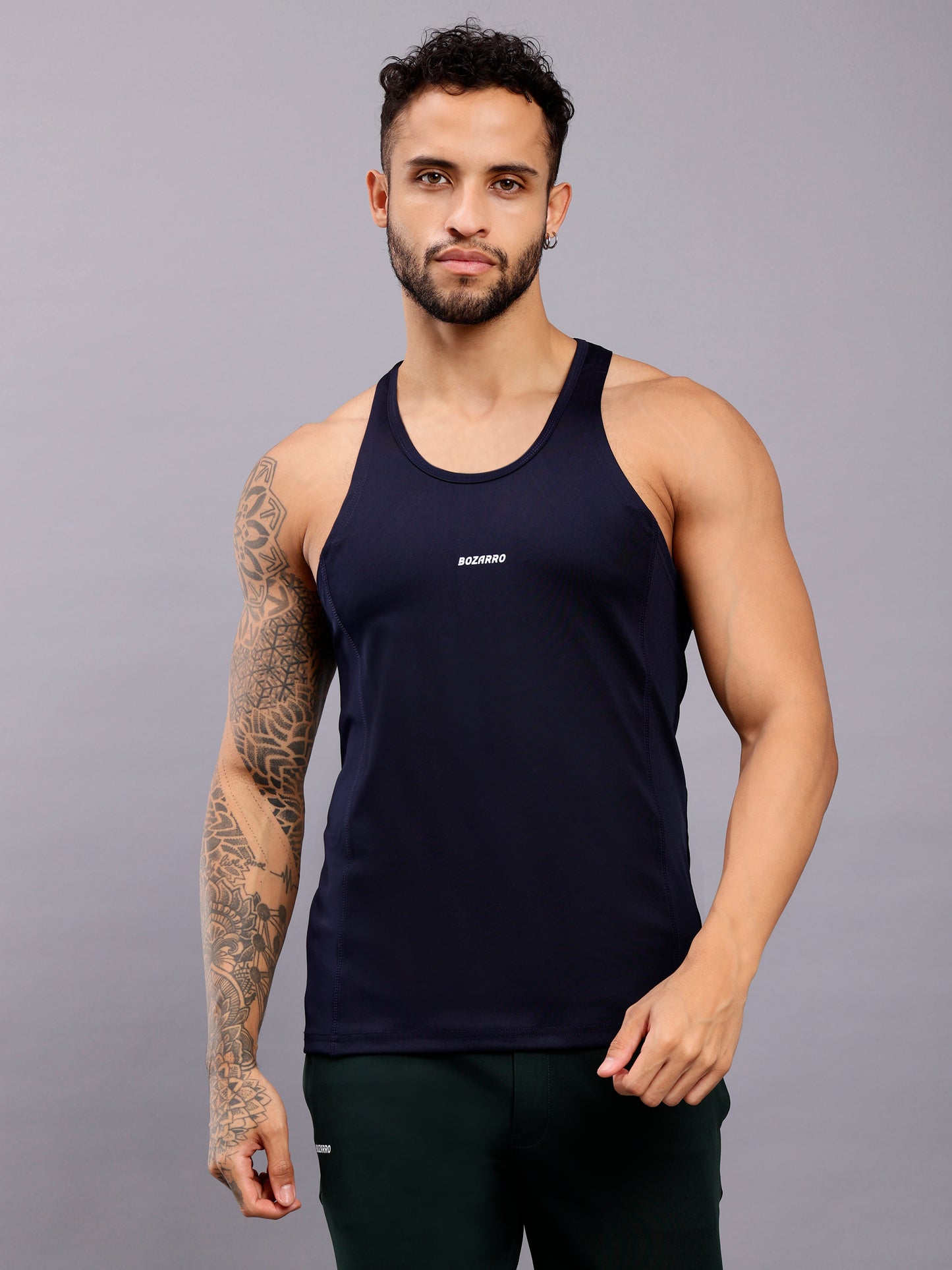 Super combed cotton blend solid low neck tank top with breathable mesh - Blue