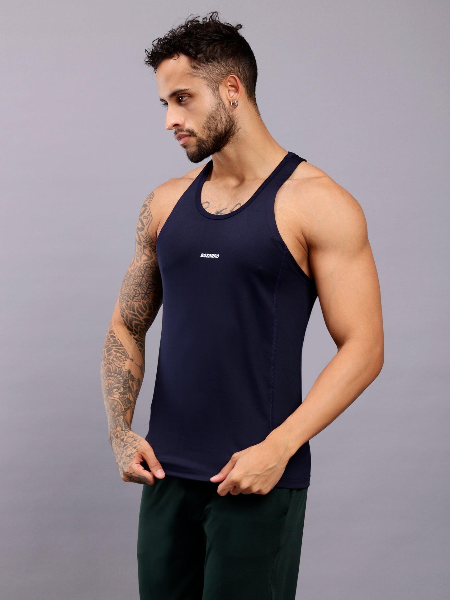 Men's Regular Fit Stringer | Men's Gym Tank Top Stringers | Solid Low Neck Tank Top For Men - Navy Blue