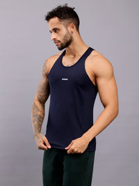 Super combed cotton blend solid low neck tank top with breathable mesh - Blue