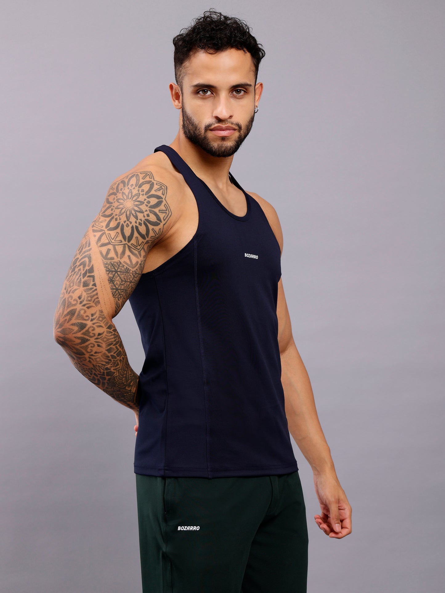 Men's Regular Fit Stringer | Men's Gym Tank Top Stringers | Solid Low Neck Tank Top For Men - Navy Blue