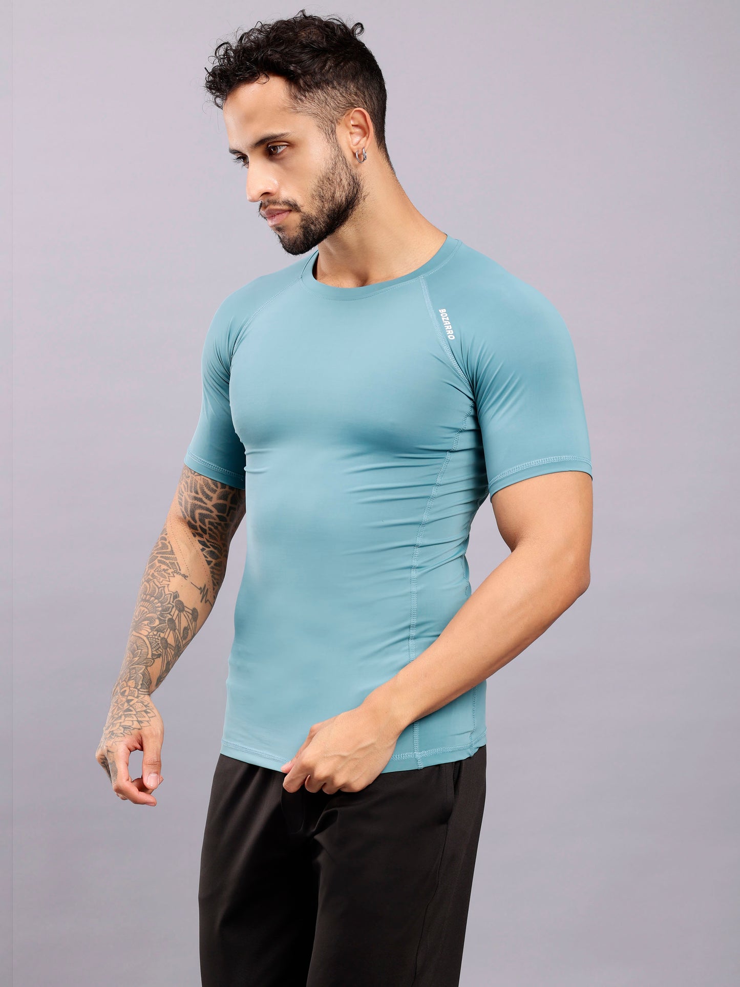 Round neck Compression half sleeve tshirt- Ice blue