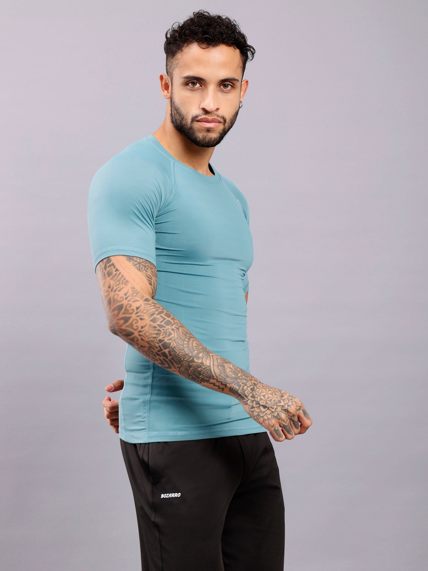 Round neck Compression half sleeve tshirt- Ice blue