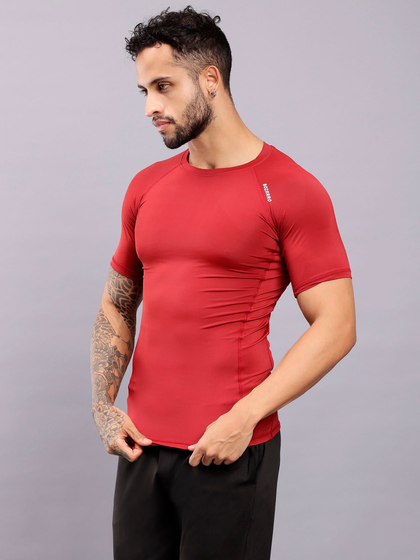 Round neck Compression half sleeve tshirt-Maroon