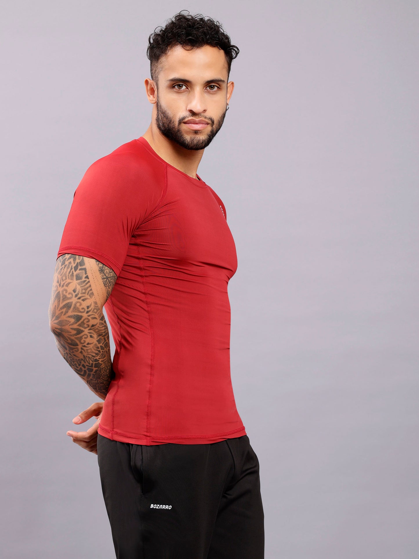 Round neck Compression half sleeve tshirt-Maroon