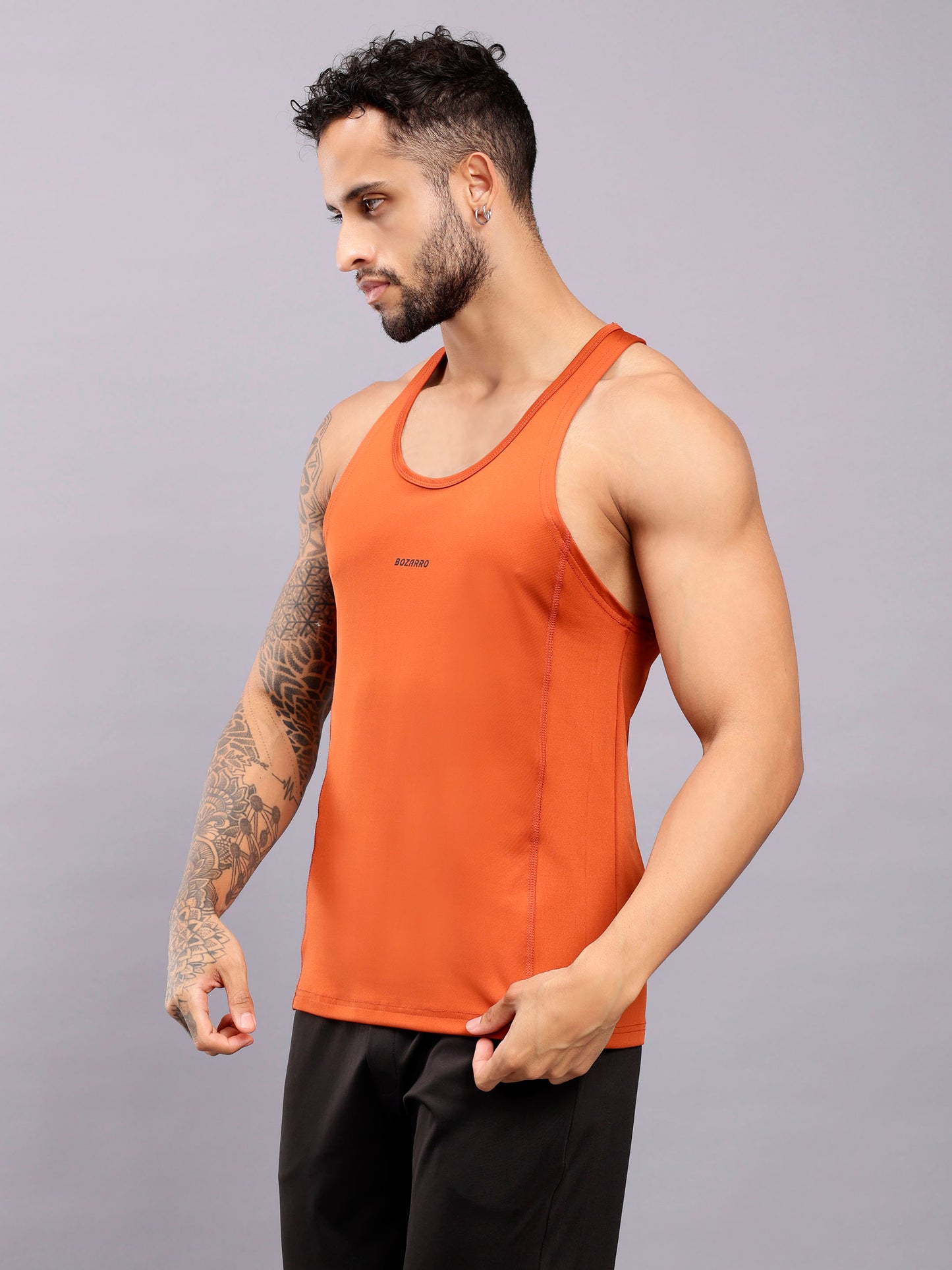 Super combed cotton blend solid low neck tank top with breathable mesh - Orenge