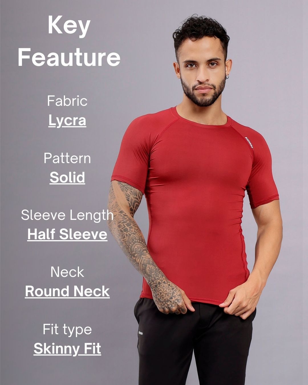 Round neck Compression half sleeve tshirt-Maroon