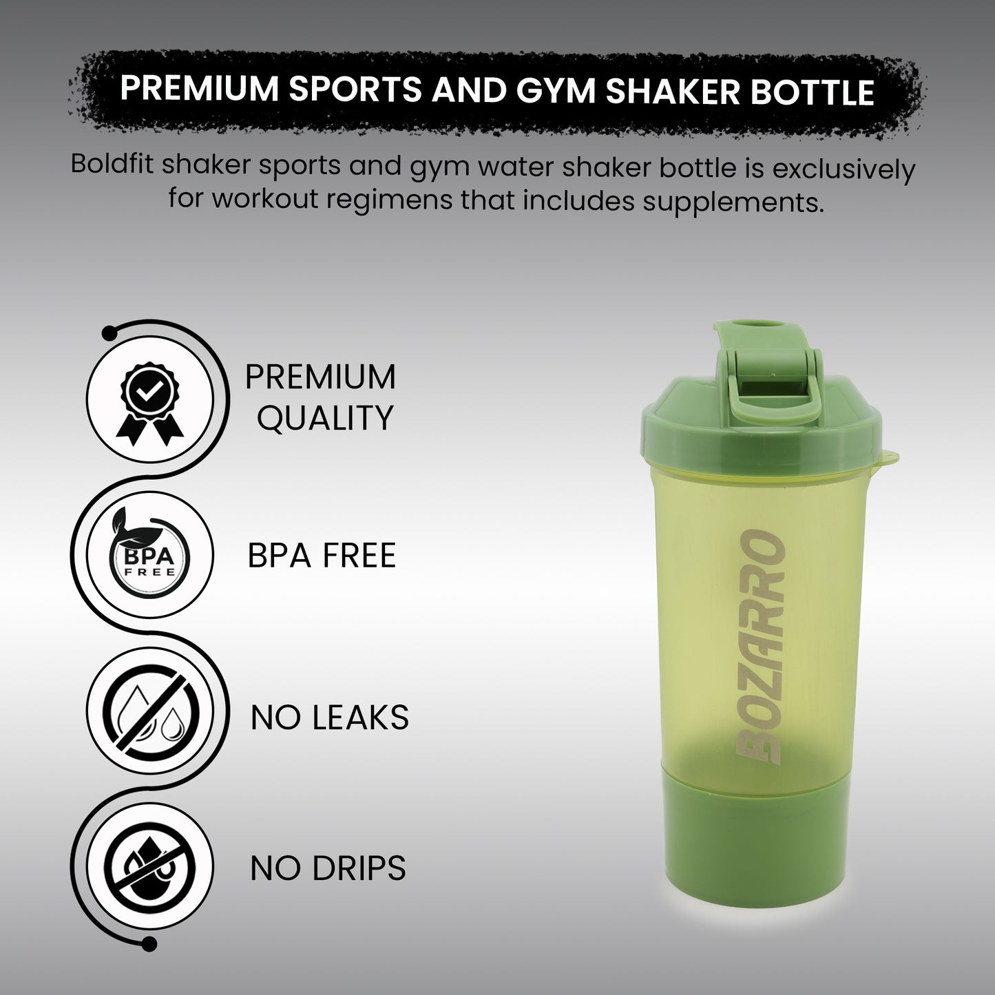 Premium Sports Shaker Bottle | Gym Shaker Bottle for Protein Shake | Leakproof | Shaker Bottle for Men & Women |600ML-Green
