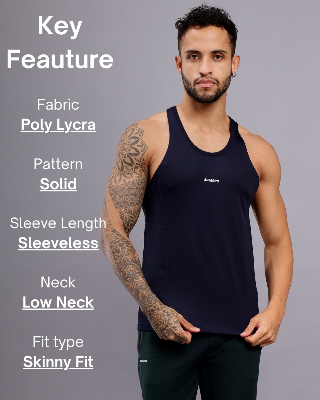 Men's Regular Fit Stringer | Men's Gym Tank Top Stringers | Solid Low Neck Tank Top For Men - Navy Blue