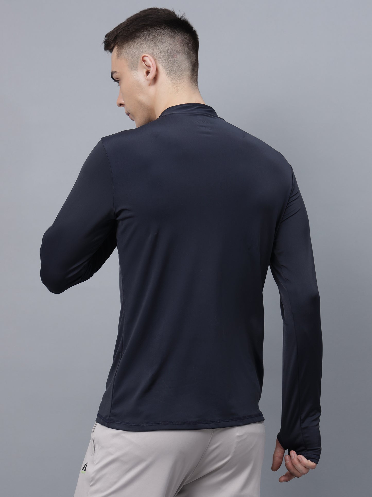 Men's Thumbhole Round Neck Full Sleeve T-Shirt |Half-Zipper Closure | Men's Basic Activewear T-Shirt for Mens-Navy Blue