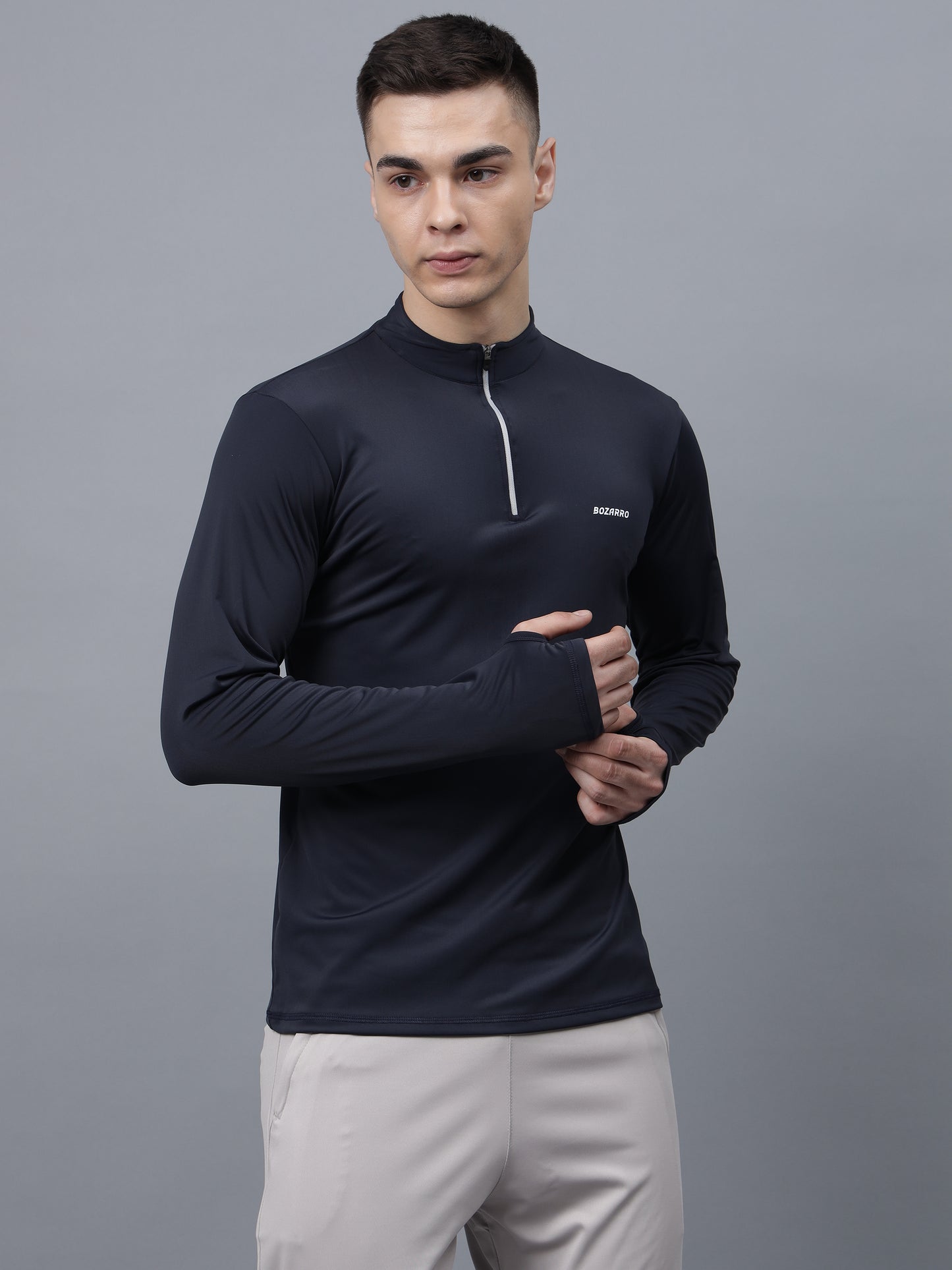 Men's Thumbhole Round Neck Full Sleeve T-Shirt |Half-Zipper Closure | Men's Basic Activewear T-Shirt for Mens-Navy Blue