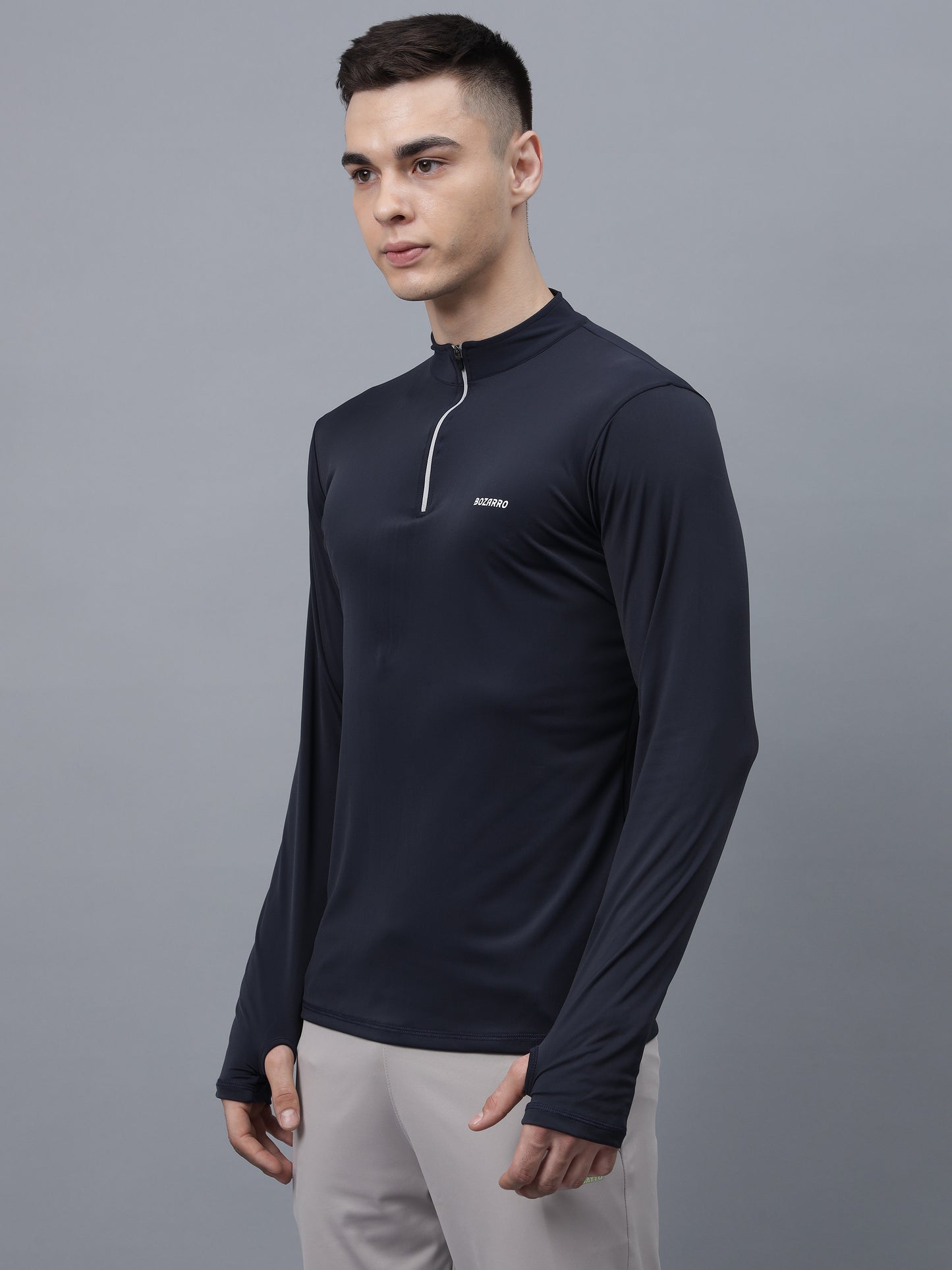 Men's Thumbhole Round Neck Full Sleeve T-Shirt |Half-Zipper Closure | Men's Basic Activewear T-Shirt for Mens-Navy Blue