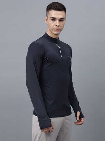 Men's Thumbhole Round Neck Full Sleeve T-Shirt |Half-Zipper Closure | Men's Basic Activewear T-Shirt for Mens-Navy Blue