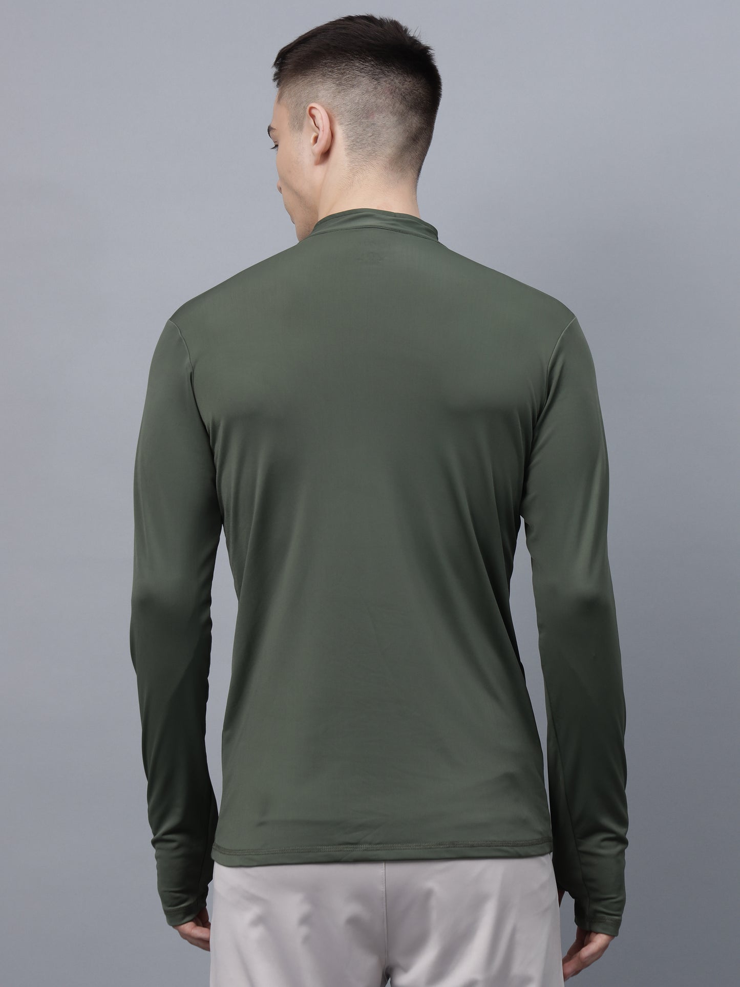 Men's Thumbhole Round Neck Full Sleeve T-Shirt |Half-Zipper Closure | Men's Basic Activewear T-Shirt for Mens-Olive Green