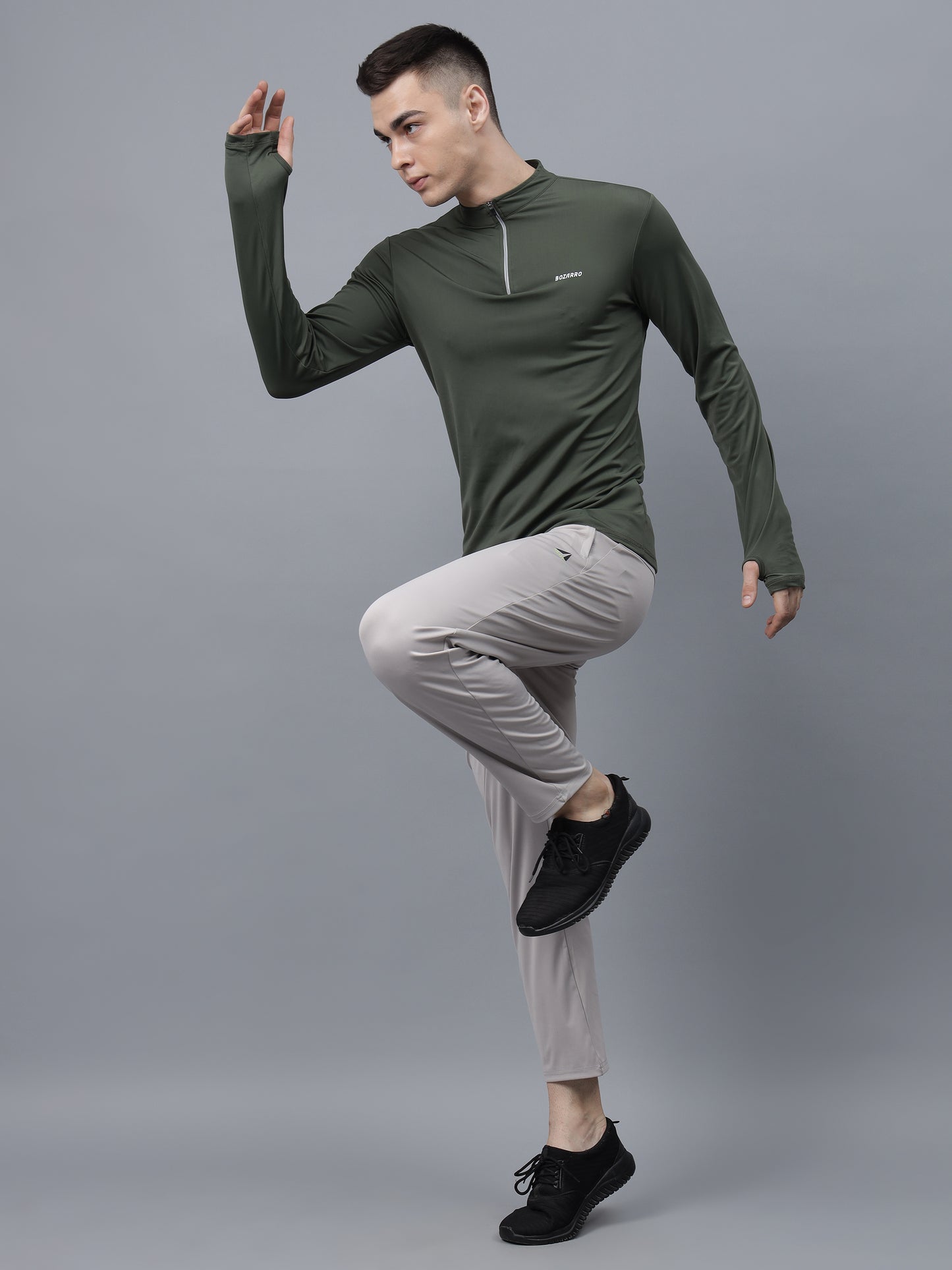 Men's Thumbhole Round Neck Full Sleeve T-Shirt |Half-Zipper Closure | Men's Basic Activewear T-Shirt for Mens-Olive Green