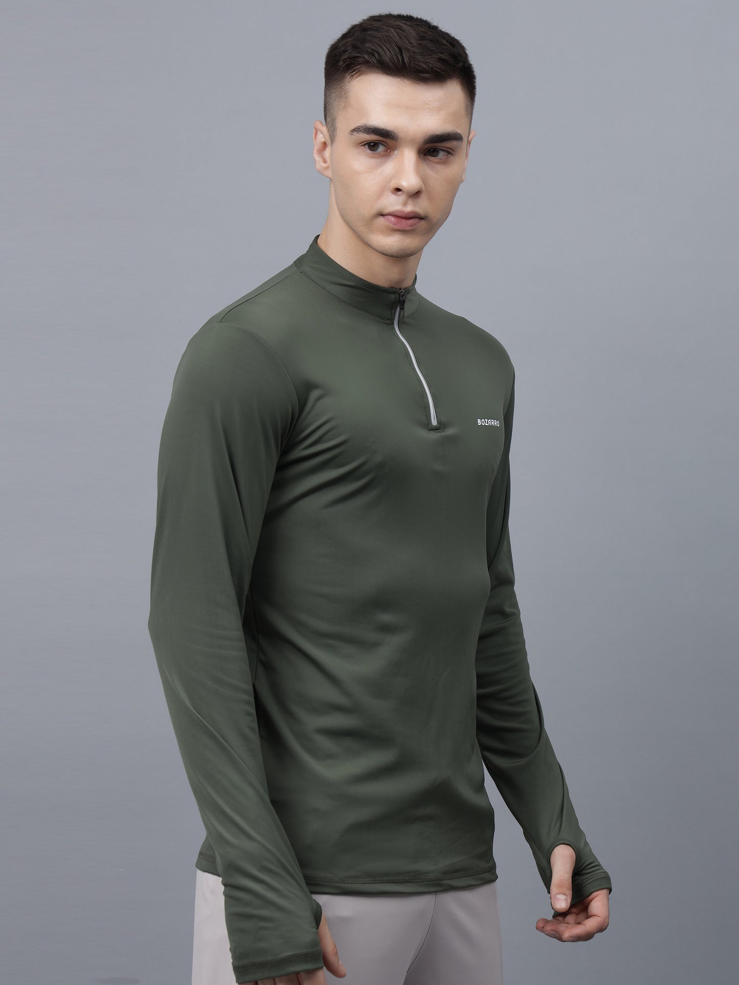 Men's Thumbhole Round Neck Full Sleeve T-Shirt |Half-Zipper Closure | Men's Basic Activewear T-Shirt for Mens-Olive Green