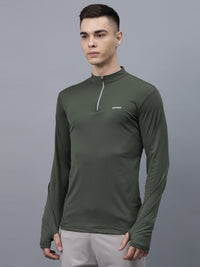 Men's Thumbhole Round Neck Full Sleeve T-Shirt |Half-Zipper Closure | Men's Basic Activewear T-Shirt for Mens-Olive Green