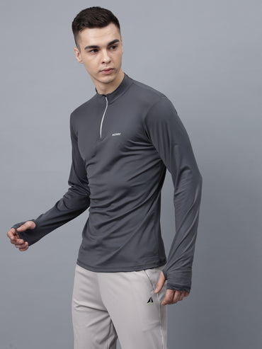 Men's Thumbhole Round Neck Full Sleeve T-Shirt |Half-Zipper Closure | Men's Basic Activewear T-Shirt for Casual Wear-Dark Gray