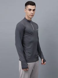 Men's Thumbhole Round Neck Full Sleeve T-Shirt |Half-Zipper Closure | Men's Basic Activewear T-Shirt for Casual Wear-Dark Gray