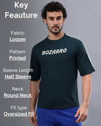 Round Neck Oversized Fit Drop Shoulder Half Sleeves T-Shirt for Men | Men's Printed Oversized T shirt-Dark Green