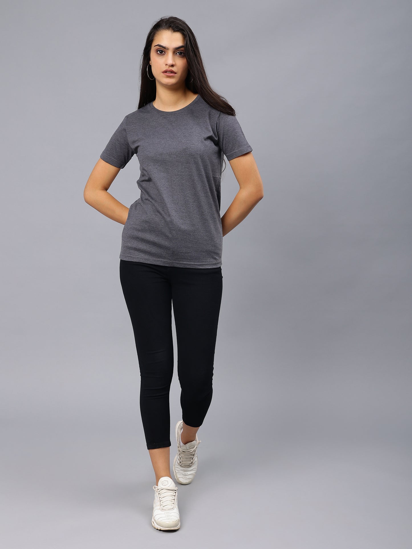 Women's Cotton T Shirt | Round Neck T Shirt | Round Neck Half Sleeve T shirt-Dark Gray Melange