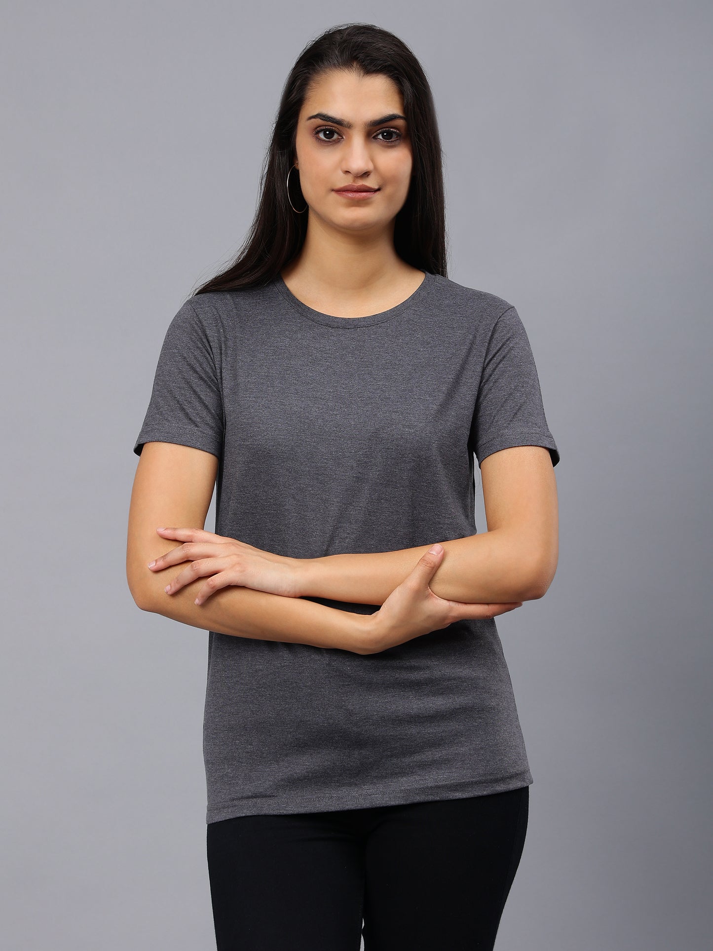 Women's Cotton T Shirt | Round Neck T Shirt | Round Neck Half Sleeve T shirt-Dark Gray Melange