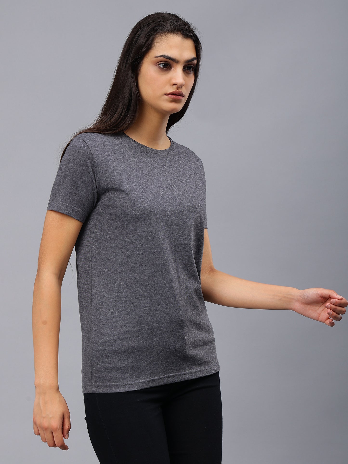 Women's Cotton T Shirt | Round Neck T Shirt | Round Neck Half Sleeve T shirt-Dark Gray Melange