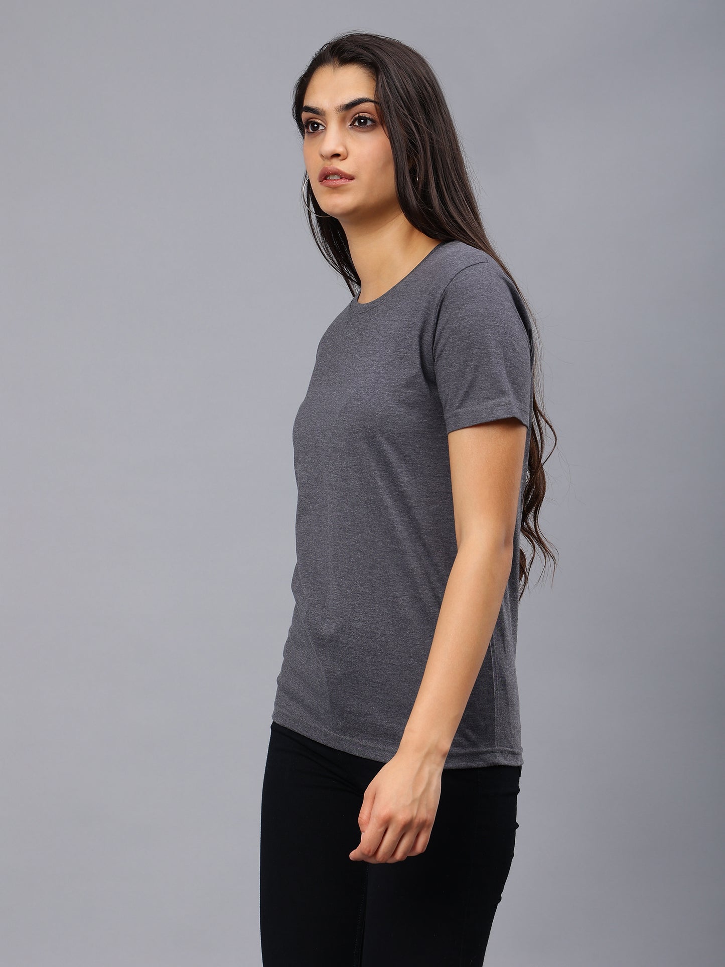 Women's Cotton T Shirt | Round Neck T Shirt | Round Neck Half Sleeve T shirt-Dark Gray Melange