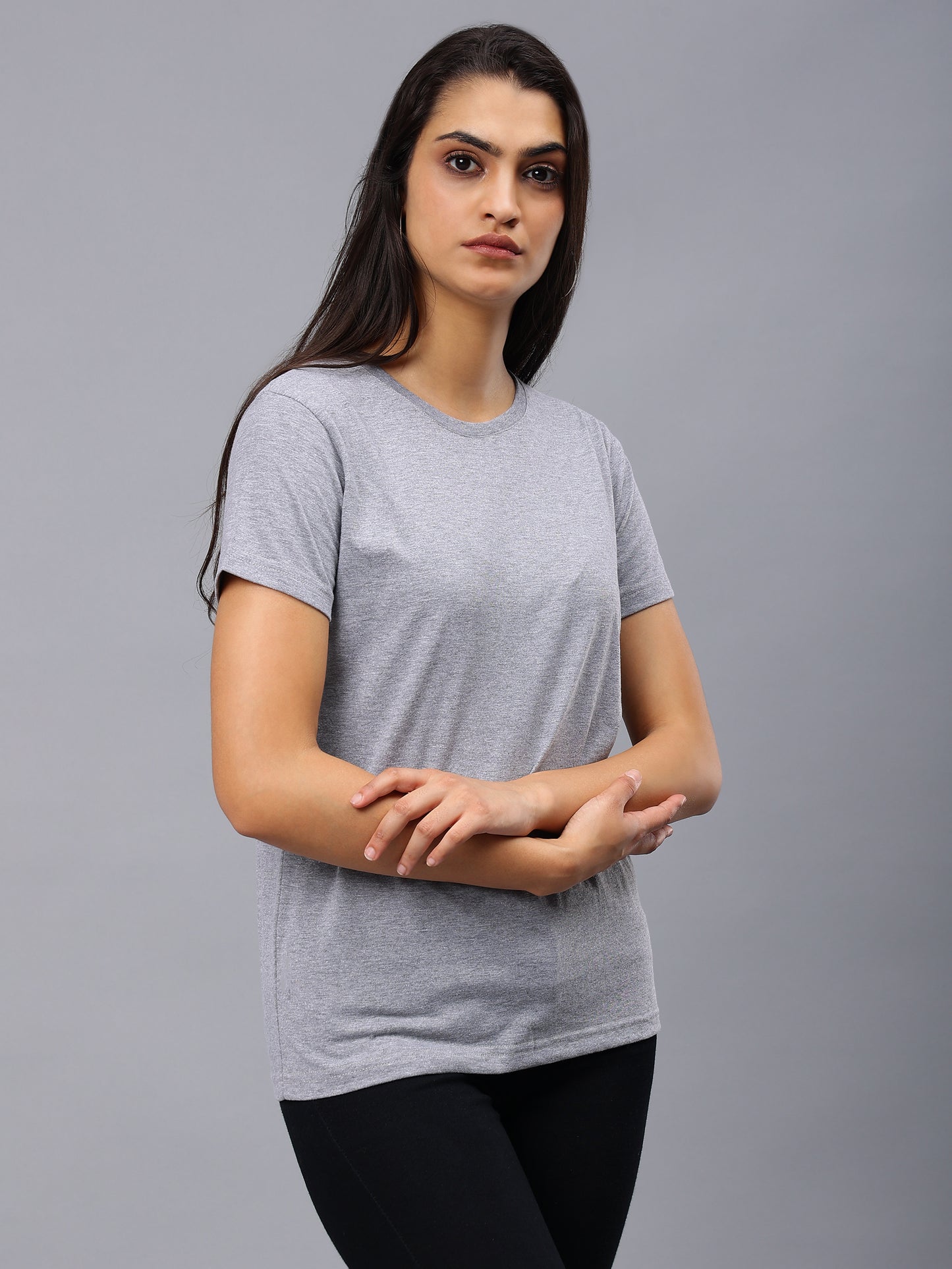 Women's Cotton T Shirt | Round Neck T Shirt | Round Neck Half Sleeve T shirt- Light Gray Melange