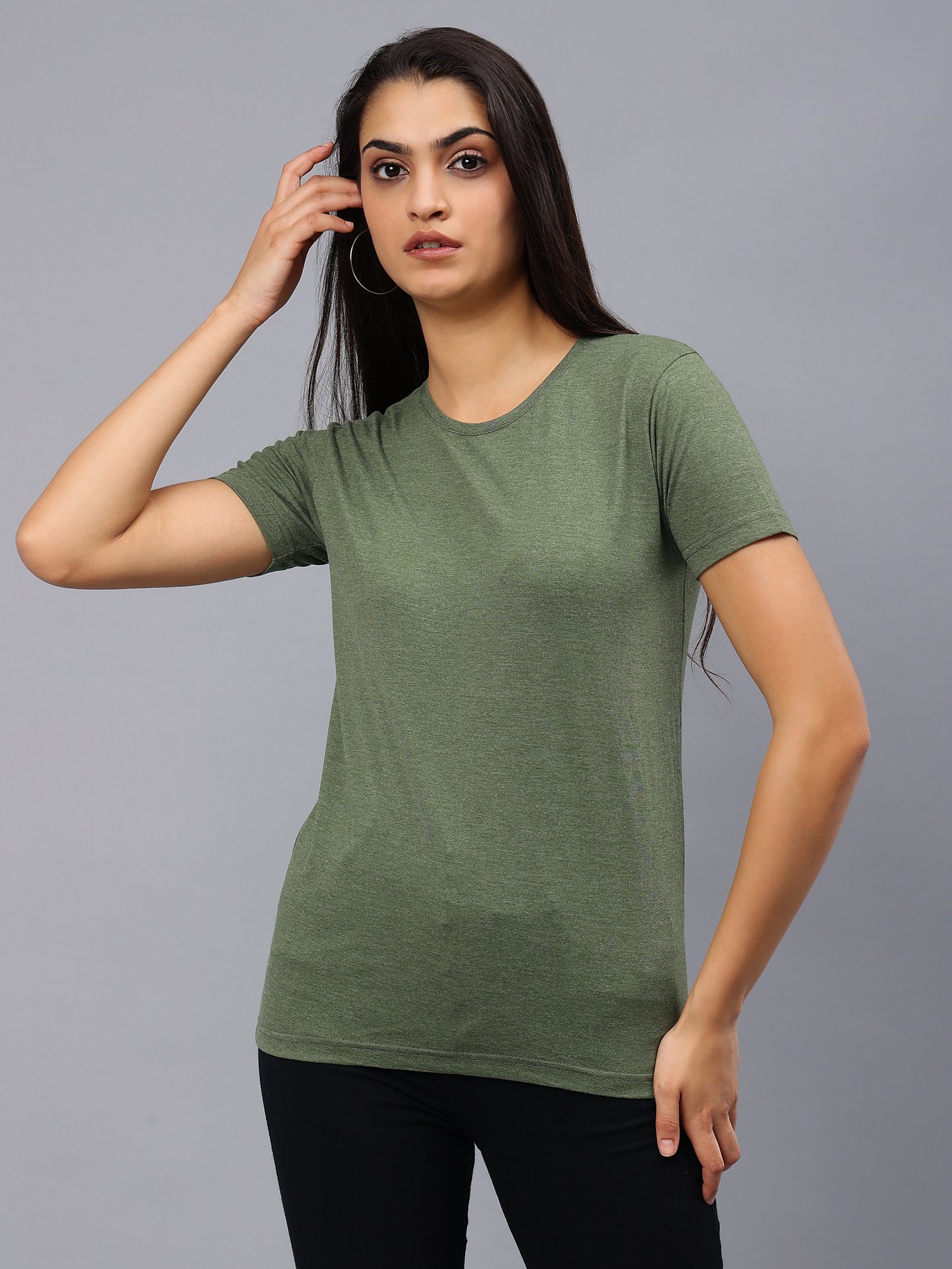 Women's Cotton T Shirt | Round Neck T Shirt | Round Neck Half Sleeve T shirt- Green Melange