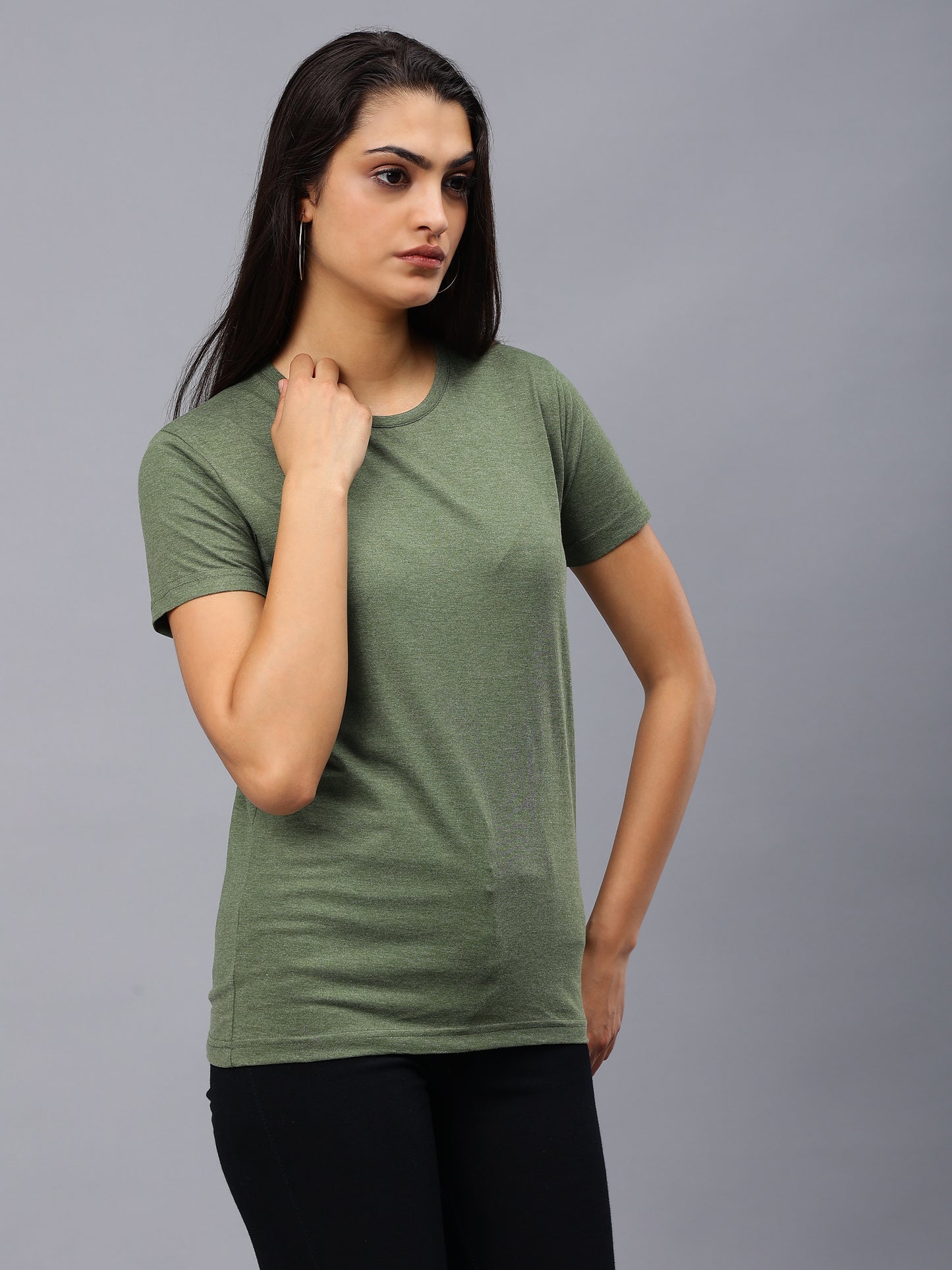 Women's Cotton T Shirt | Round Neck T Shirt | Round Neck Half Sleeve T shirt- Green Melange