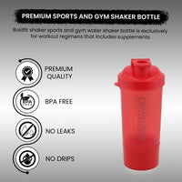 Premium Sports Shaker Bottle | Gym Shaker Bottle for Protein Shake | Leakproof | Shaker Bottle for Men & Women |600ML-Red